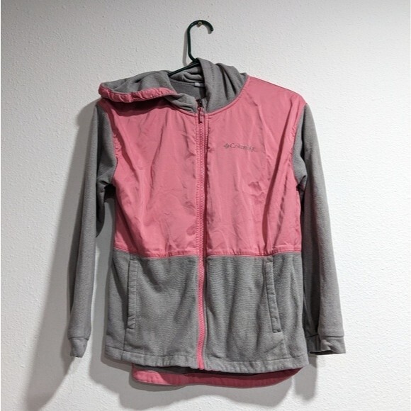 Columbia Full Zip Fleece Hoodie Jacket Light Grey/Lollipop Pink, Girls Large - Picture 1 of 8